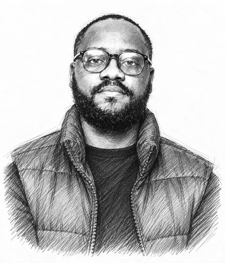 Pencil drawing of Kevin Mpofu in glasses, a beard and a puffer vest