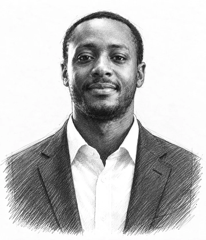 Pencil drawing of Tinashe Daniels in a suit and an open-collared shirt